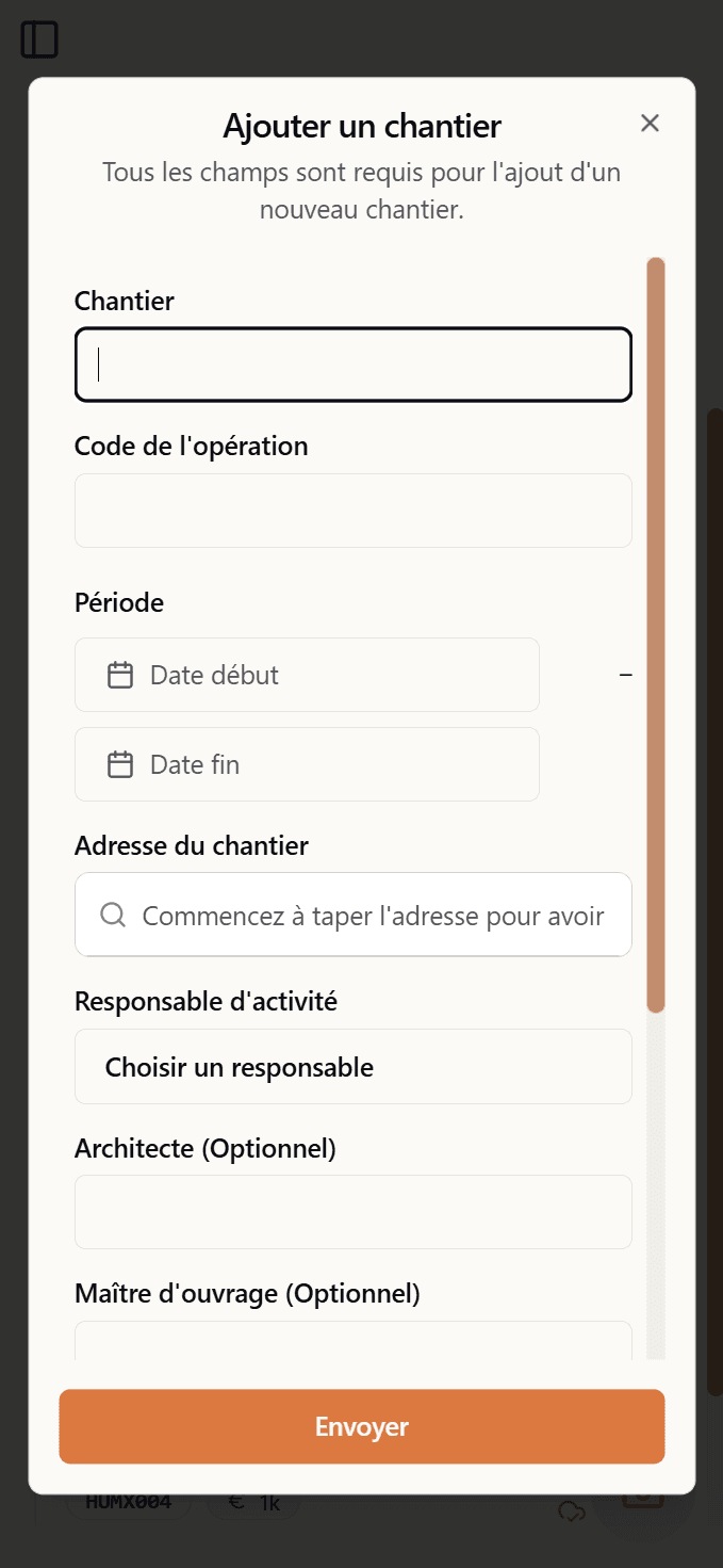 Fenêtre pour créer un chantier