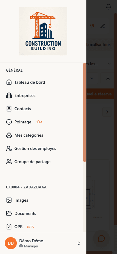 Entrée OPR dans le menu du chantier