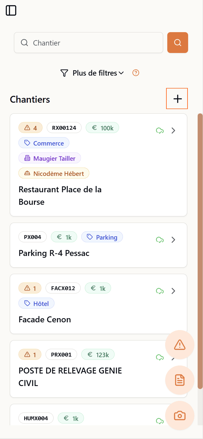 Bouton pour créer un chantier