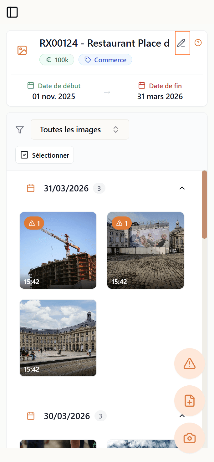 Modifier un chantier depuis l'en-tête