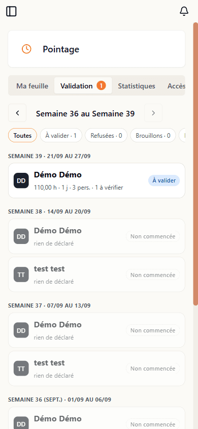 Onglet Validation